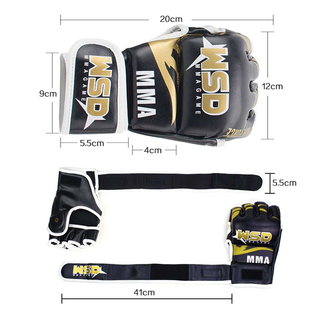 Gants de MMA noirs avec inscriptions dorées, dimensions et détails.