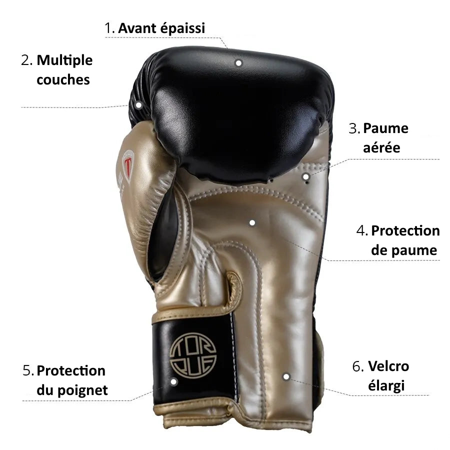 Caractéristiques des gants de boxe Torque : avant épaissi, paume aérée, protection de paume, protection du poignet, velcro élargi
