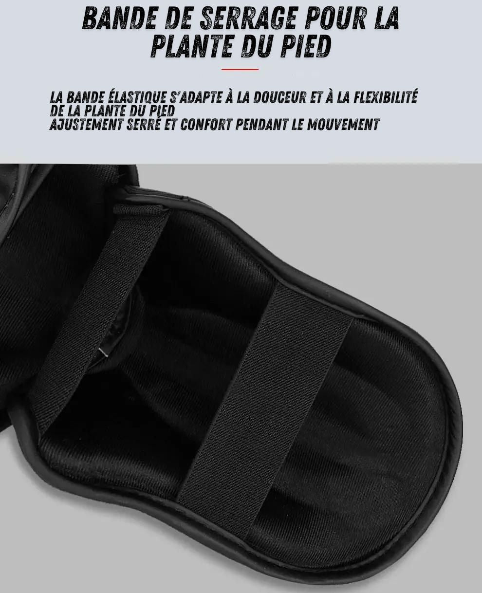 Détail de la bande de serrage élastique pour la plante du pied du protège-tibias de boxe GINGPAI, assurant un ajustement confortable et flexible