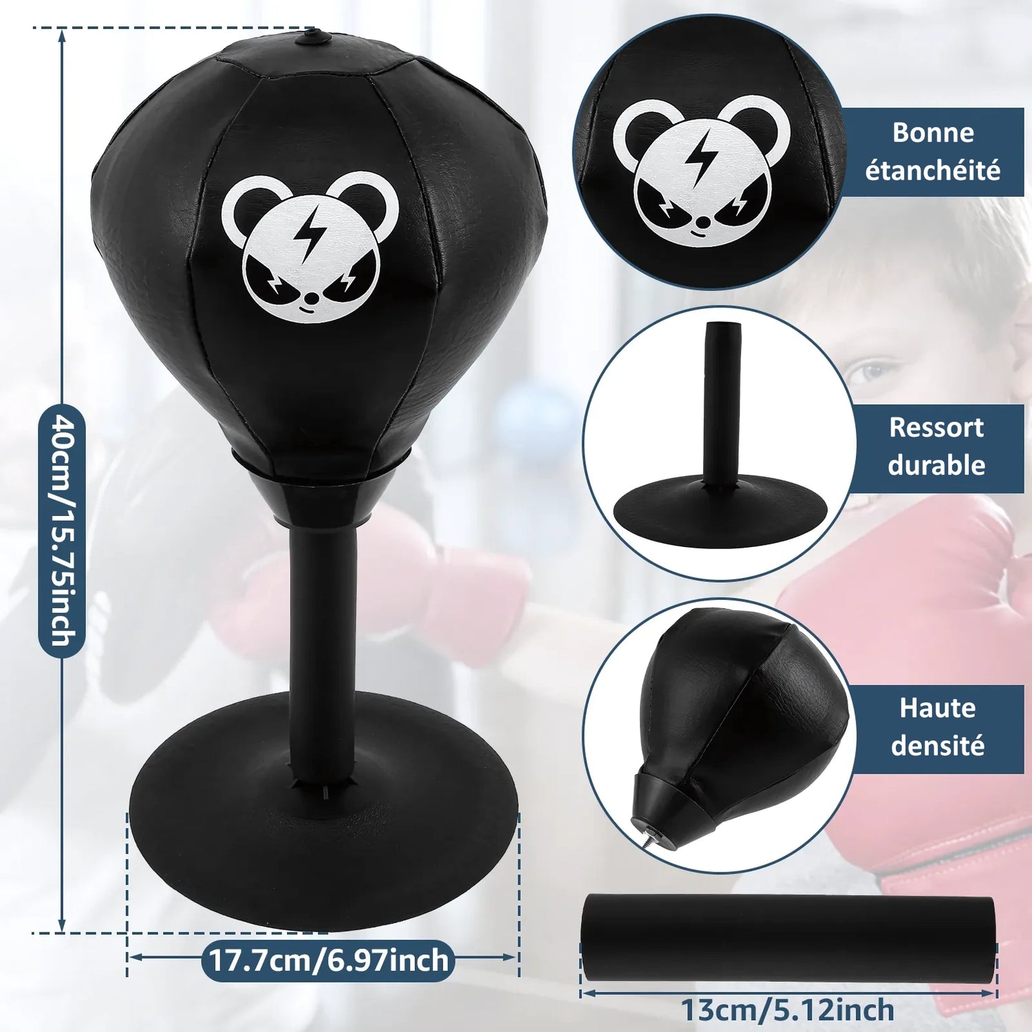 Dimensions et caractéristiques du punching-ball pour enfants avec motif de panda.