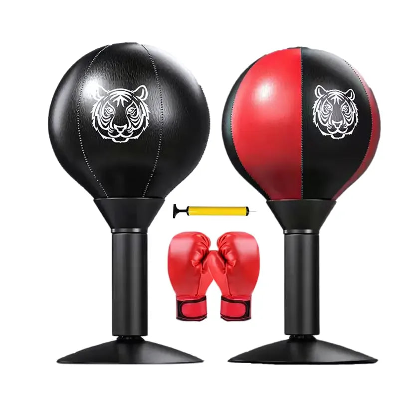 Deux Punching ball de bureau noir et noir et rouge avec gants de boxe et pompe