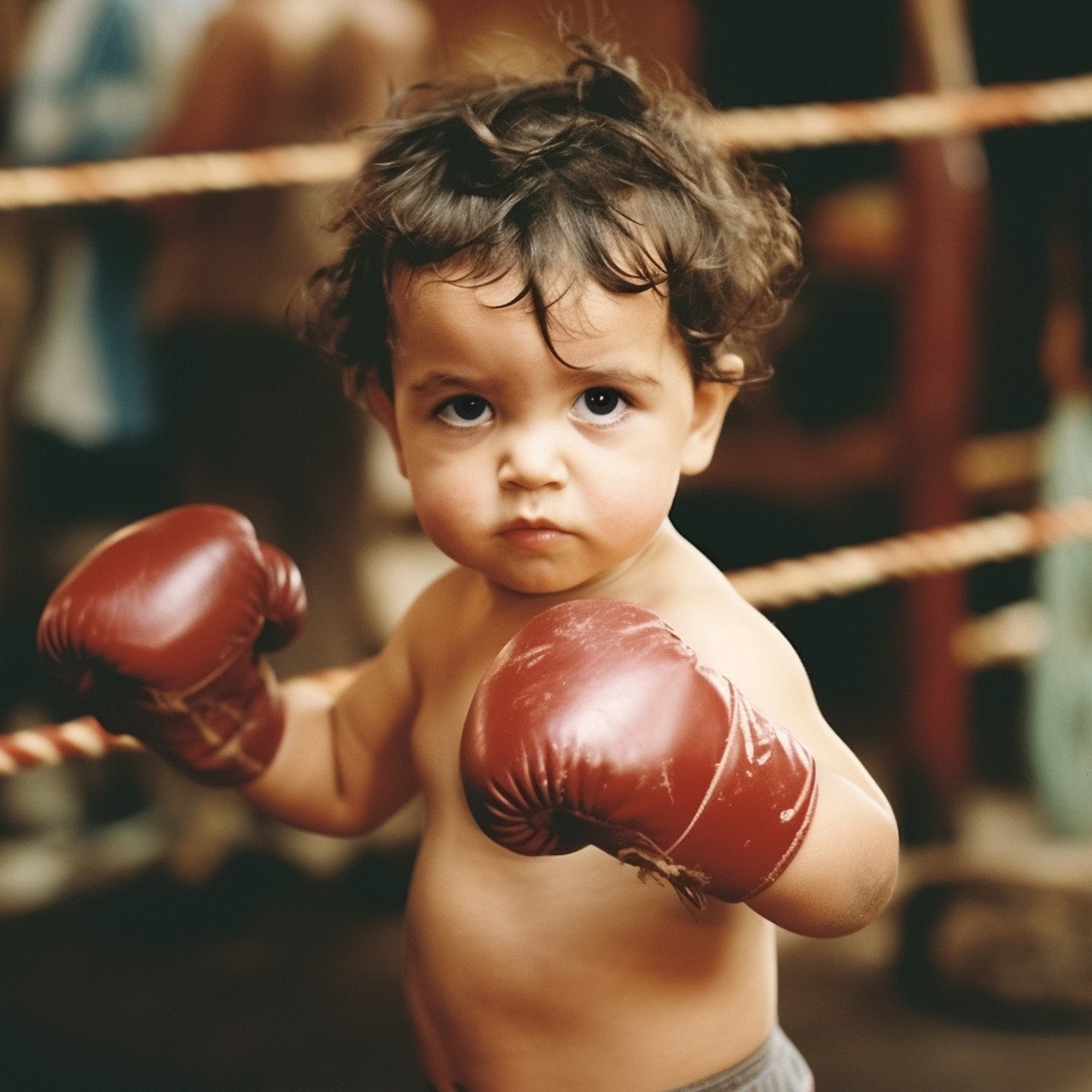 Un enfant en bas âge portant des gants de boxe rouges, prêt à boxer dans un ring de boxe.