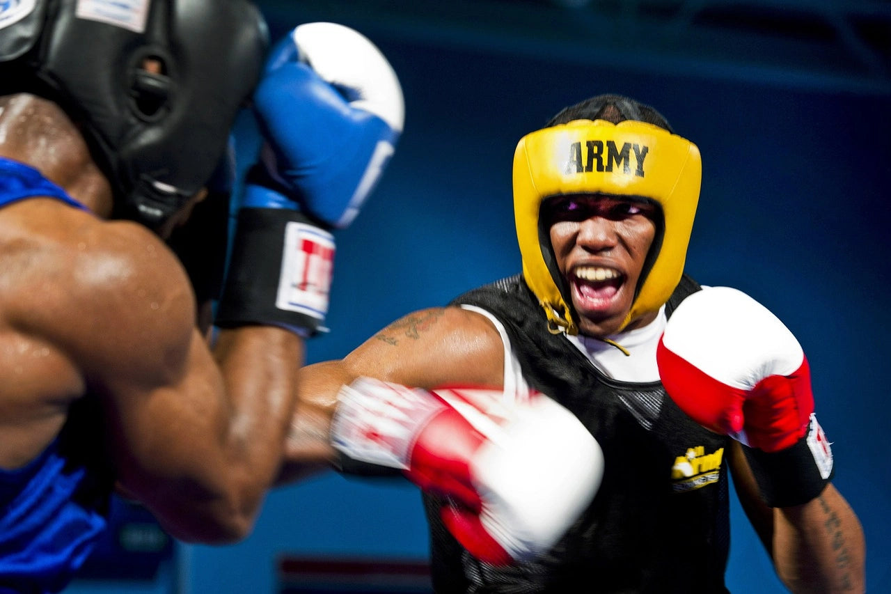 Boxeurs en plein combat.