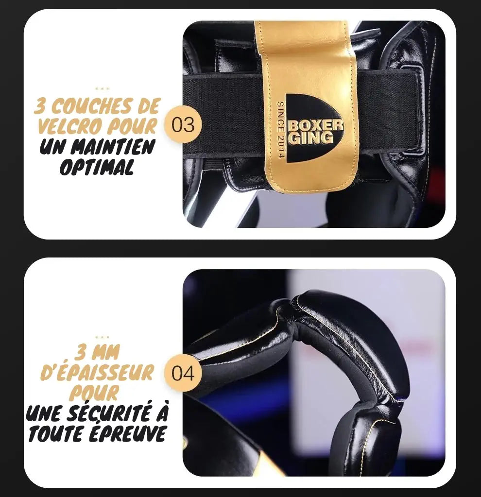 Détails du casque de boxe BOXER GING avec sangles velcro et rembourrage épais pour une sécurité renforcée.