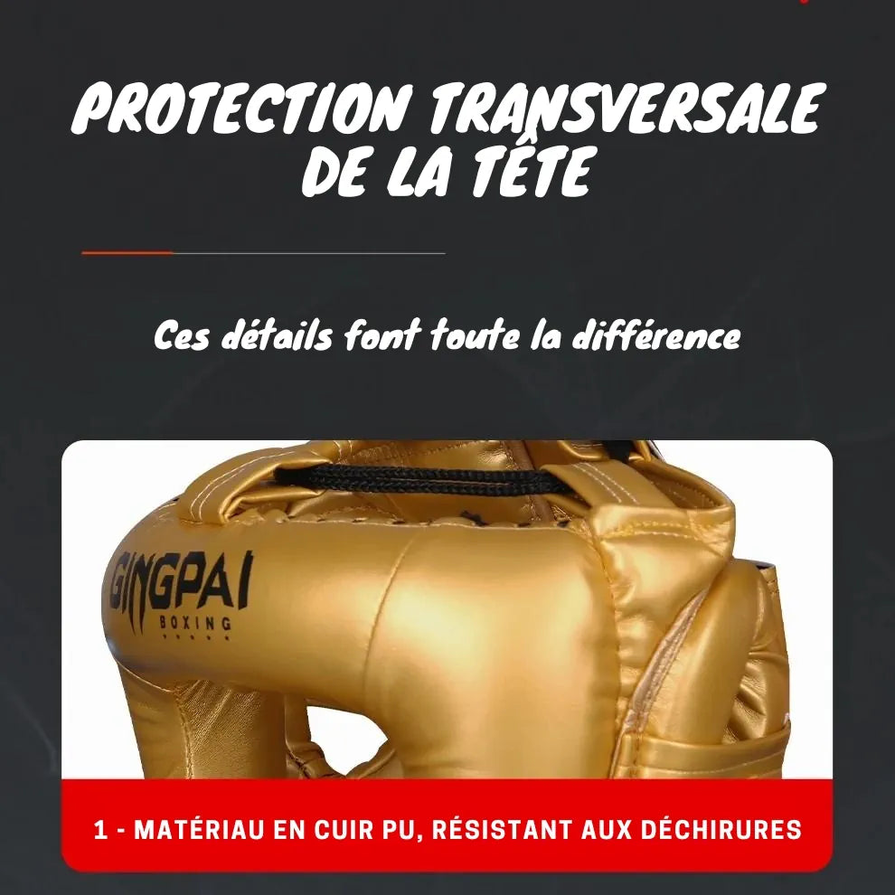 Casque de boxe GINGPAI doré avec protection transversale de la tête en cuir PU, résistant aux déchirures.