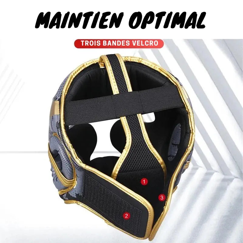 Vue arrière du casque de boxe GINGPAI avec triple bande velcro pour un maintien optimal.