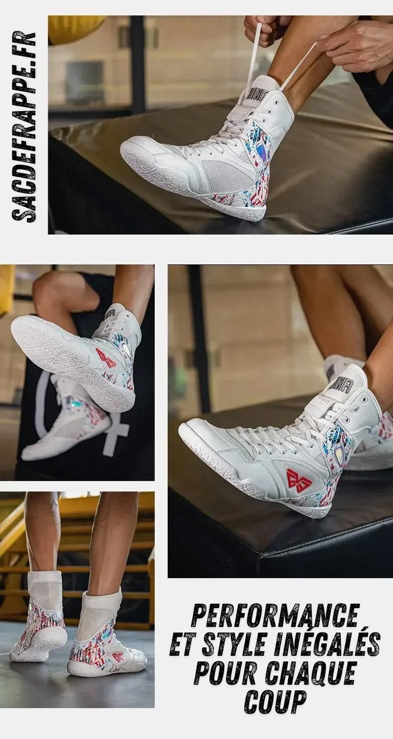 Athlète portant des chaussures de boxe blanches KAIMATE avec des motifs colorés, montrant les chaussures sous différents angles