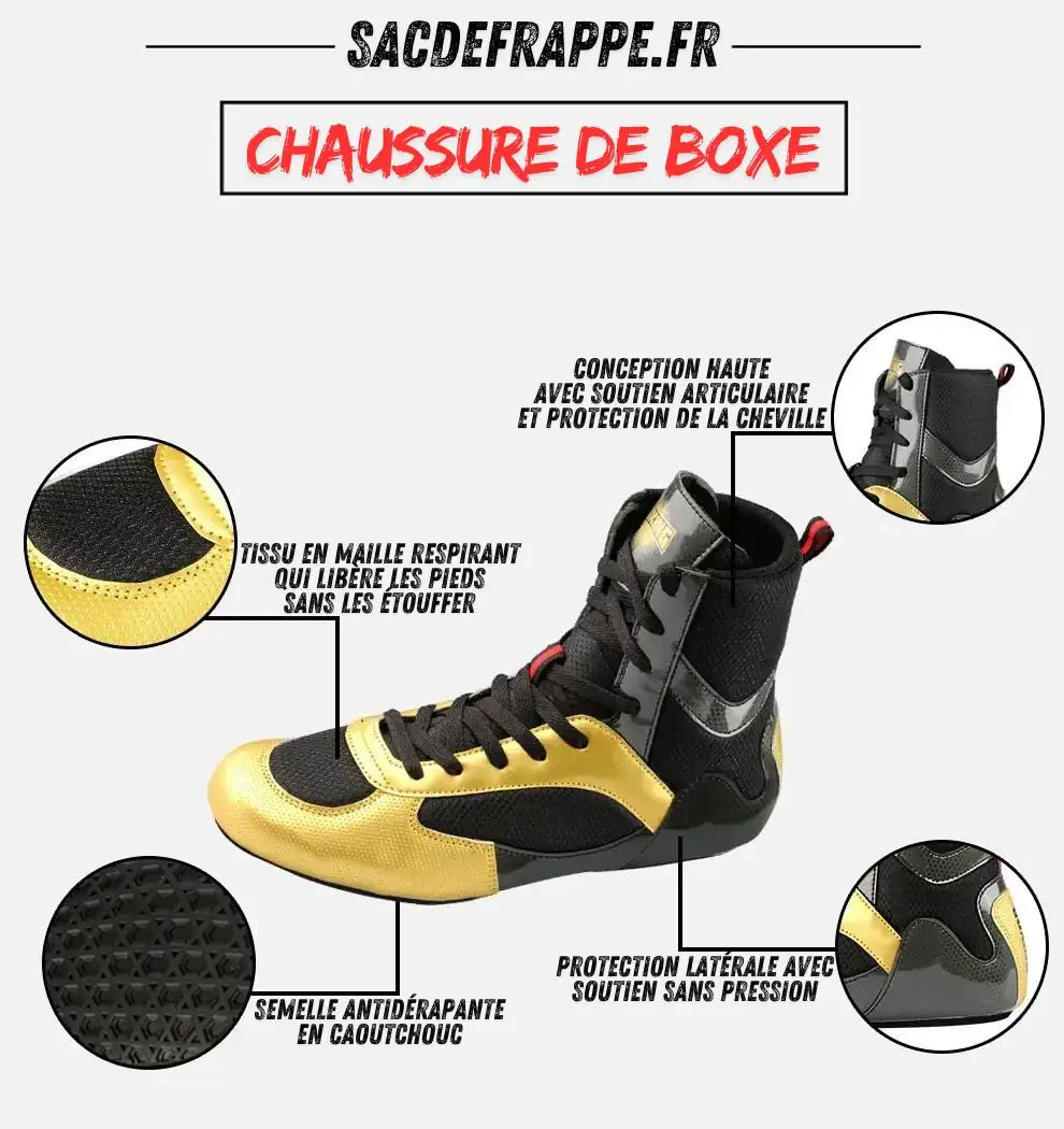 Chaussures de boxe noires et dorées GINGPAI SPORT - Conception haute avec soutien articulaire et protection de la cheville, tissu en maille respirant, semelle antidérapante en caoutchouc