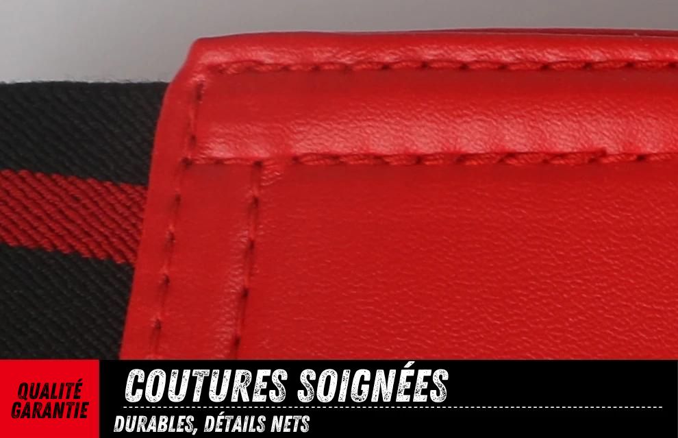 Détail des coutures soignées de la coquille de protection GINGPAI en rouge.