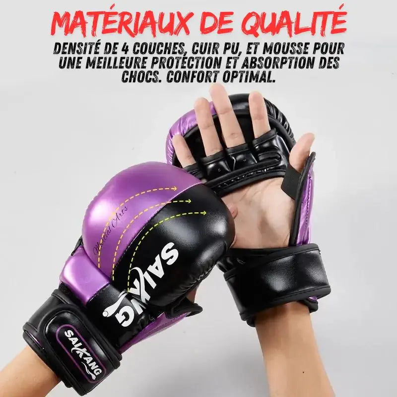 Mitaines de boxe Saikang violettes et noires, matériaux de qualité avec cuir PU et mousse pour une protection optimale