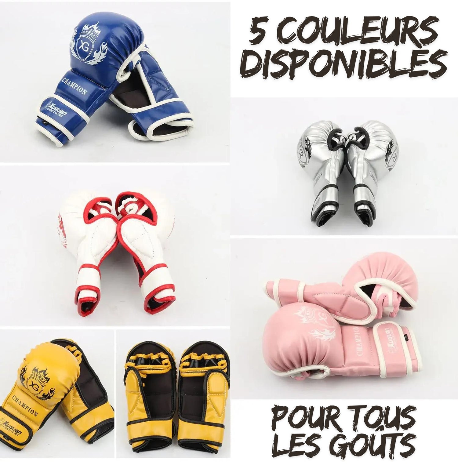 Ensemble de mitaines de boxe disponibles en cinq couleurs (bleu, argent, rouge, jaune et rose), pour tous les goûts.