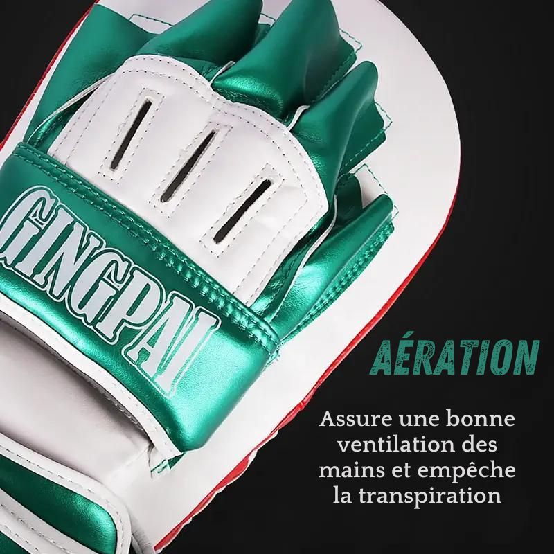 Gros plan sur la ventilation des pattes d'ours de boxe Gingpai vert et blanc.