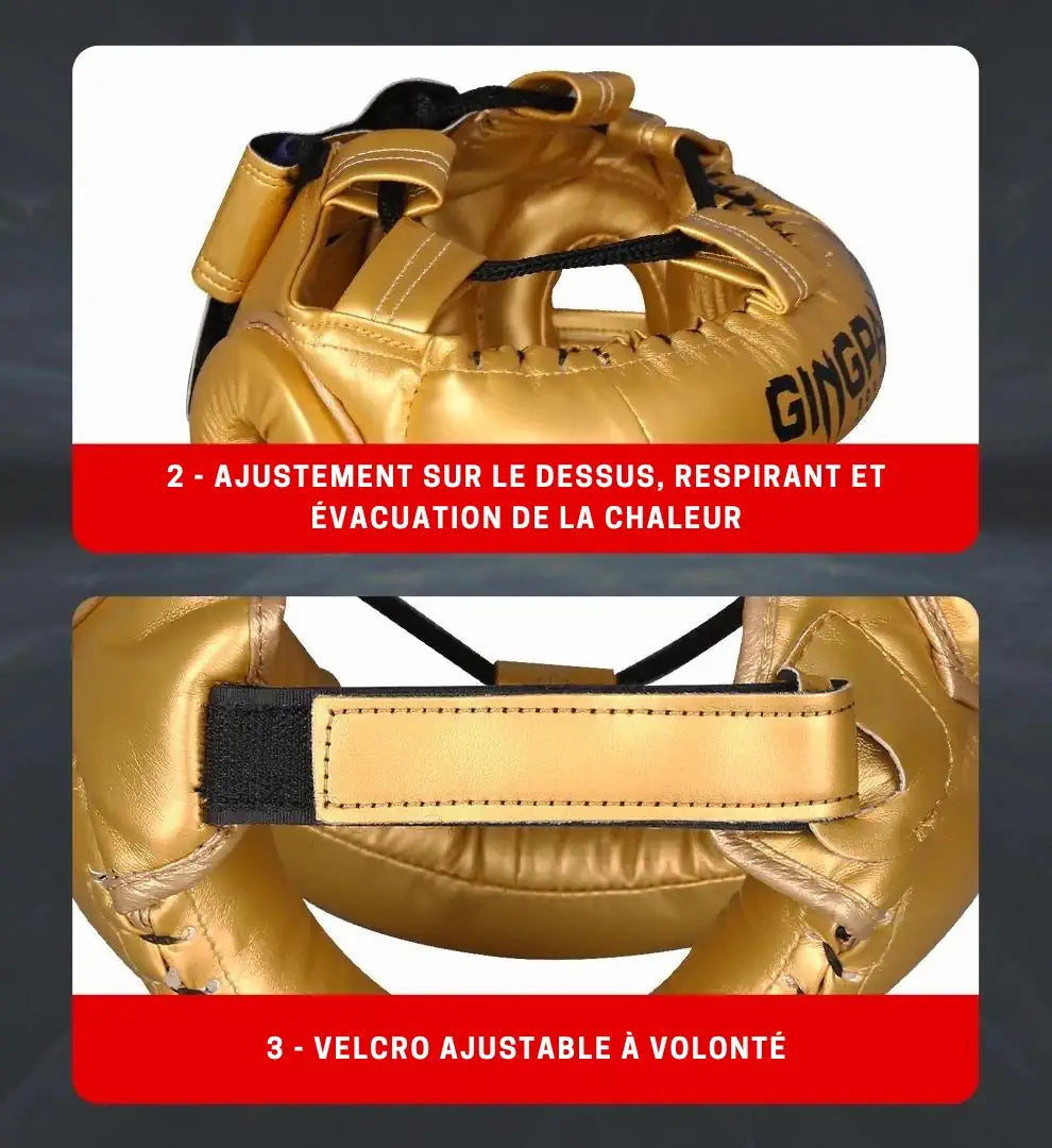 Casque de boxe GINGPAI doré avec ajustement supérieur pour ventilation, évacuation de la chaleur et velcro ajustable pour un maintien personnalisé.