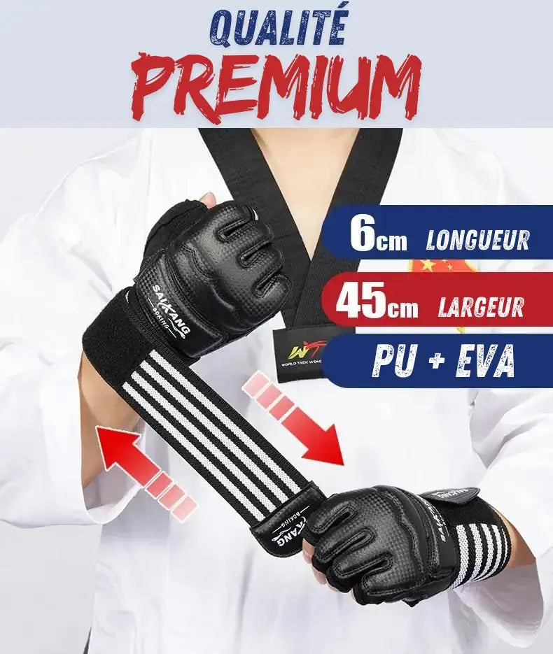 Qualité premium des gants de boxe Saikang en PU + EVA avec bande de maintien du poignet de 45 cm de largeur et 6 cm de longueur