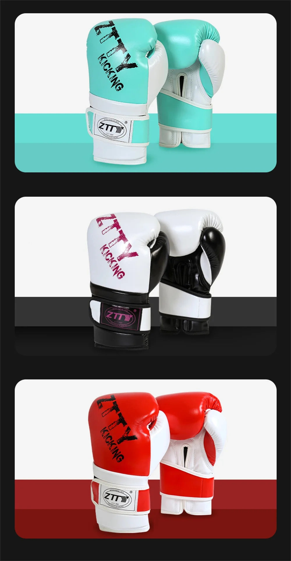 Variantes de couleur des gants de boxe ZTTY, bleu, blanc et rouge