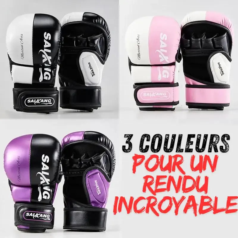 Mitaines de boxe Saikang disponibles en trois couleurs : noir et blanc, rose et blanc, violet et noir