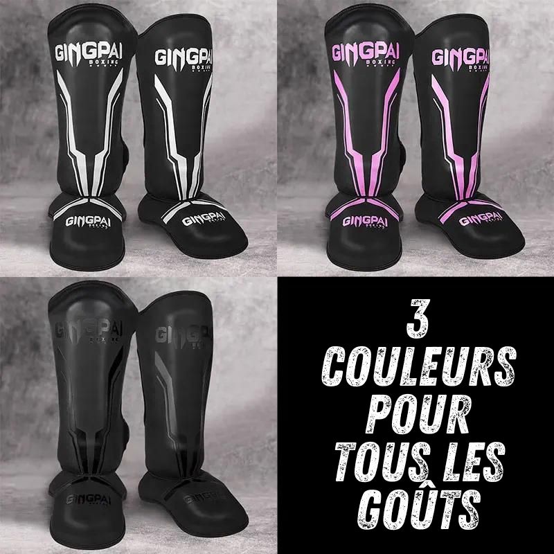 Protège-tibias de boxe GINGPAI en trois couleurs différentes : noir avec inscriptions blanches, noir avec inscriptions roses, et tout noir, vue d'ensemble
