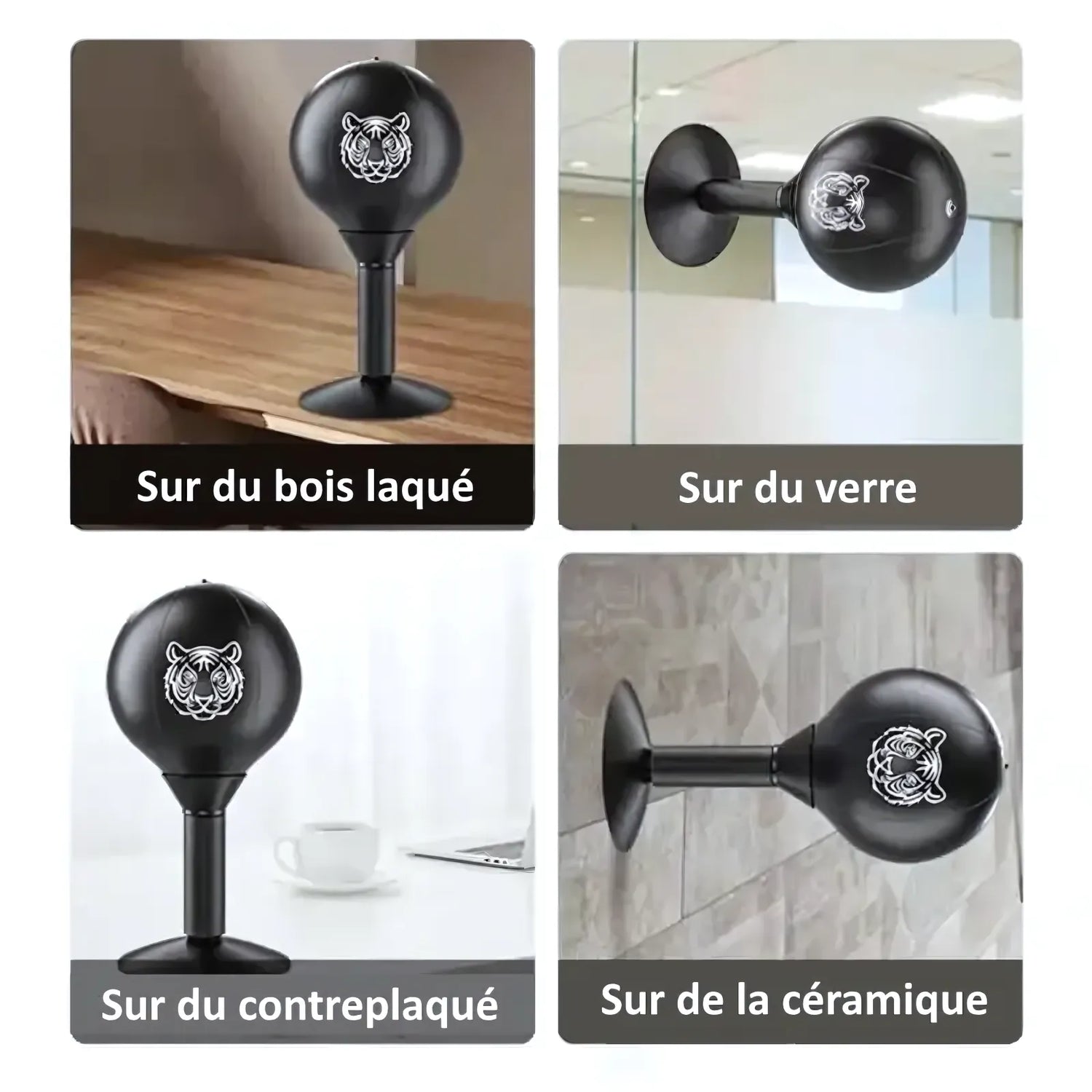Punching ball de bureau noir sur différentes surfaces : bois laqué, verre, contreplaqué et céramique