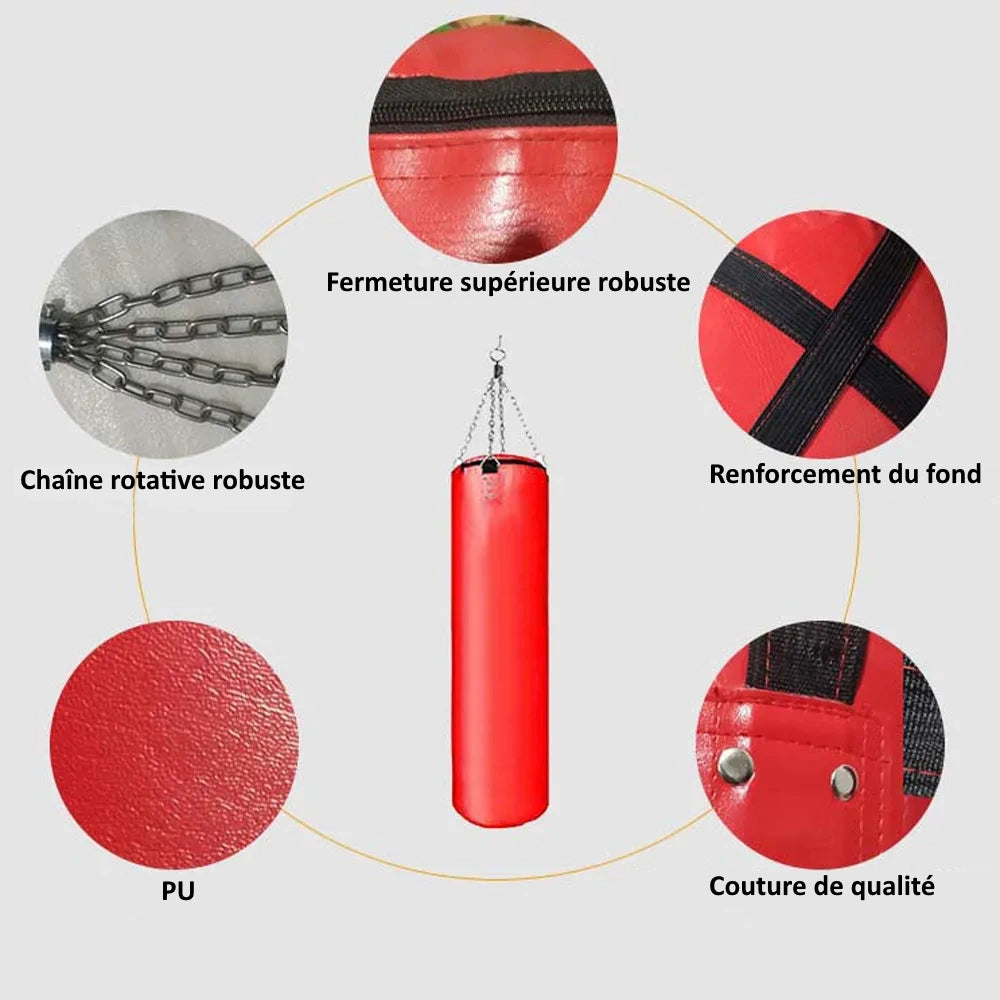 Détails des caractéristiques du sac de frappe rouge montrant la chaîne rotative robuste, la fermeture supérieure renforcée, le renforcement du fond, le matériau PU et la couture de qualité