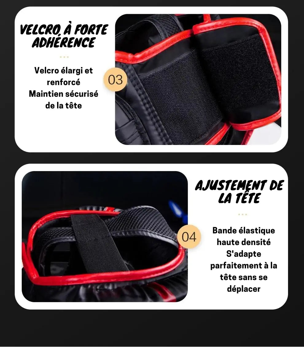 Casque de boxe Gingpai noir avec Velcro à forte adhérence et ajustement de la tête.