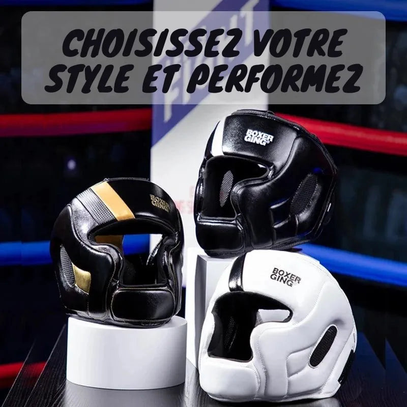 Gamme de casques de boxe BOXER GING : noir blanc, noir doré, et blanc, pour tous les styles.
