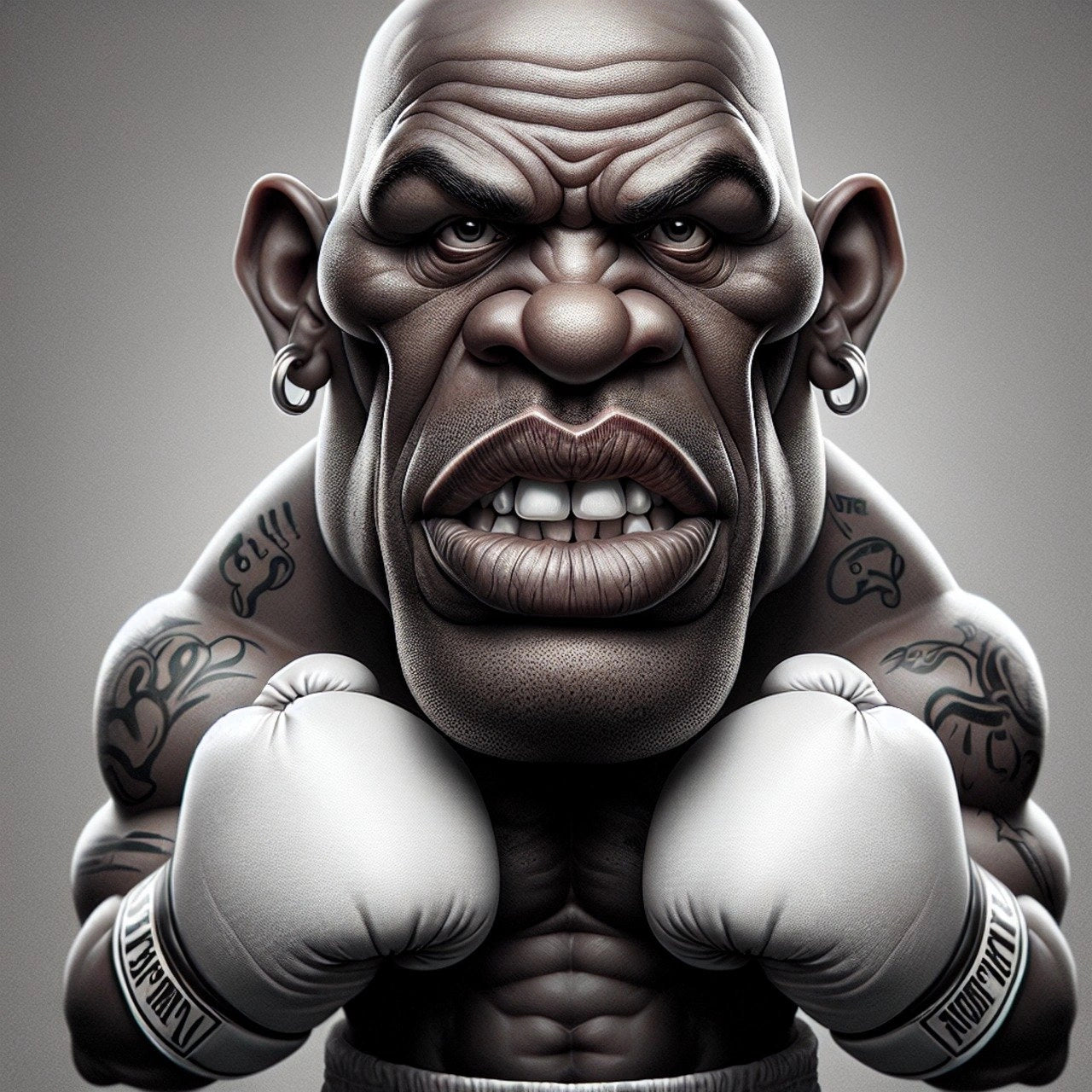 Illustration caricaturale d'un boxeur professionnel en gants blancs, arborant une expression féroce et des tatouages