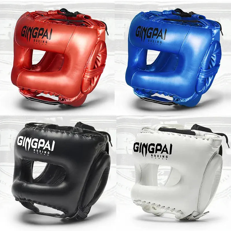 Casque de boxe GINGPAI disponible en rouge, bleu, noir, et blanc avec protection nez, offrant une protection complète et ajustable.