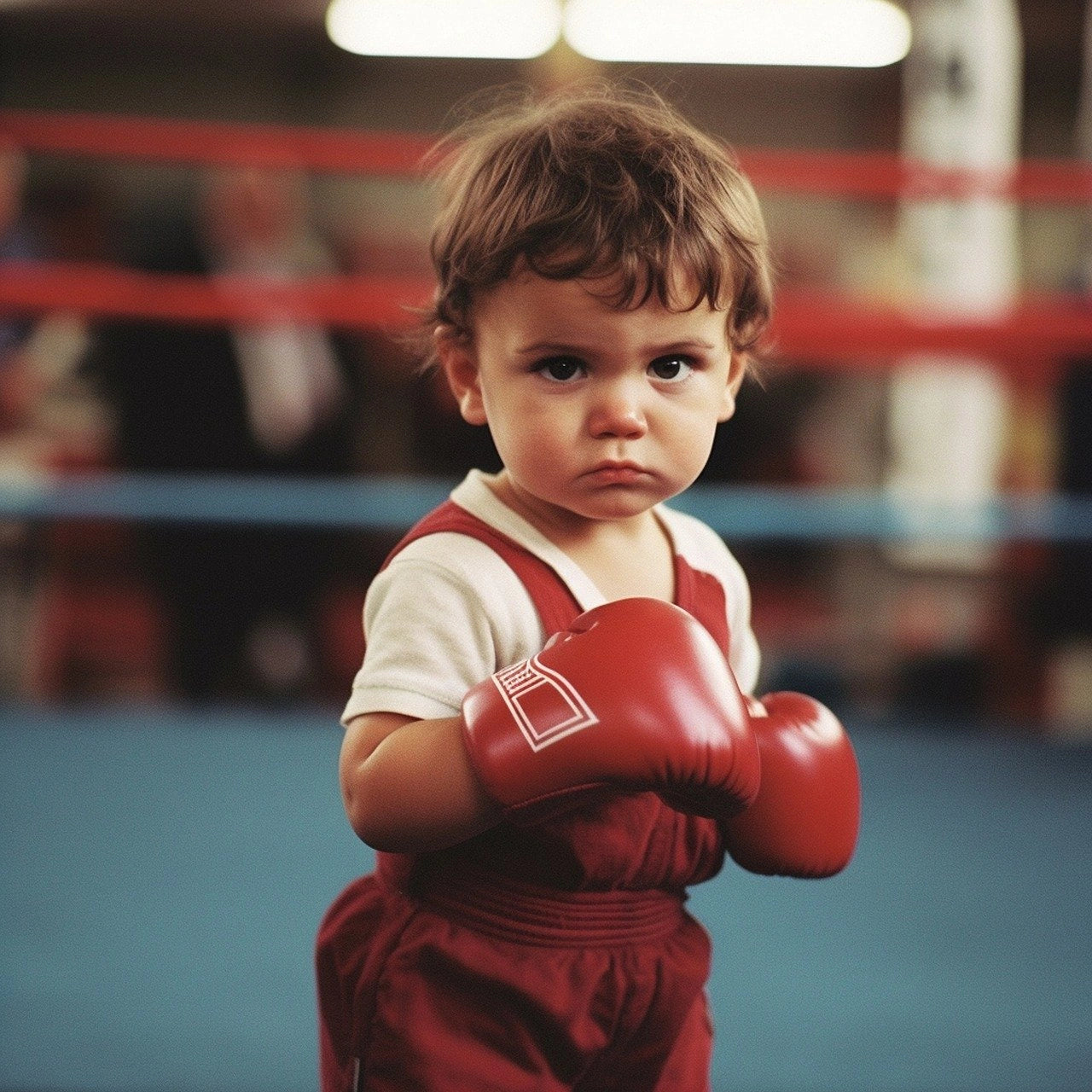 Jeune enfant en gants de boxe rouges, se tenant dans un ring de boxe avec une expression déterminée