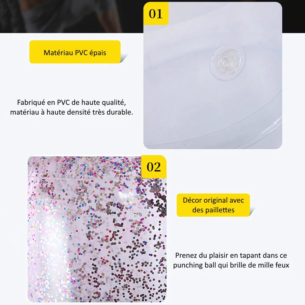 Explications des caractéristiques du punching ball gonflable avec des paillettes, mettant en évidence le matériau PVC épais et le décor original avec des paillettes multicolores.