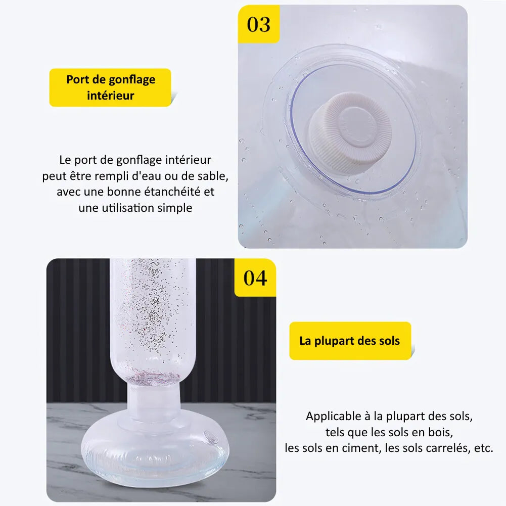 Explications des caractéristiques du punching ball gonflable avec des paillettes, mettant en évidence le port de gonflage intérieur et l'application sur la plupart des sols.